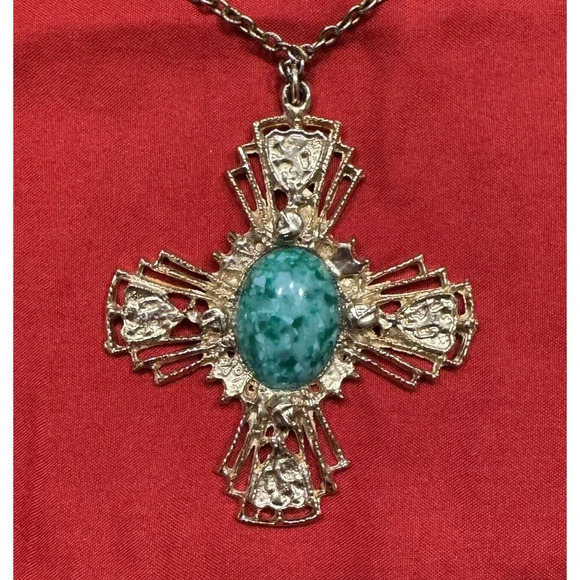 FAUX TURQUOISE BLUE SCARAB PENDANT ANTIQUED SILVER COLOR CROSS NECKLACE 24" - Picture 1 of 4
